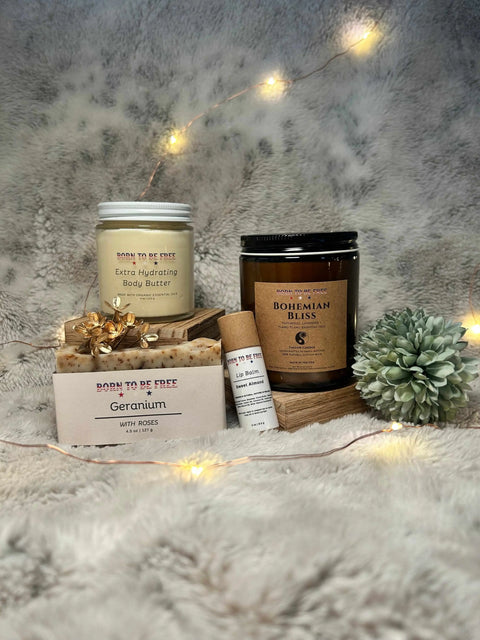 Natural Fresh Start Skincare Kit – Hydrating Body Butter, Soap, Lip Balm & Candle | Made in USA Born to be Free  skin
