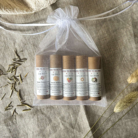 Natural Lip Balm Set – 5-Pack Variety Bundle with Peppermint Almond Vanilla Citrus | Made in USA Organic Skincare Born to be Free  Lip Balm