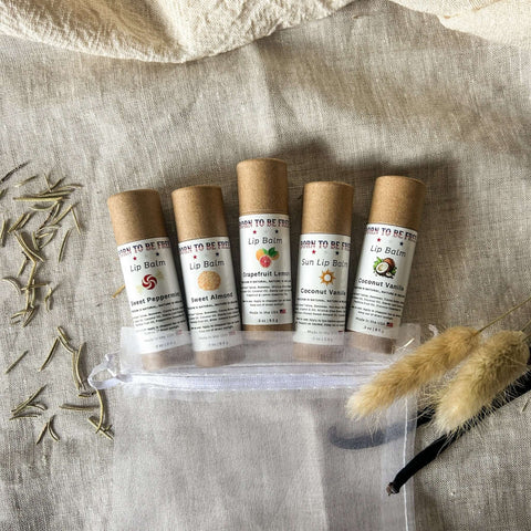 Natural Lip Balm Set – 5-Pack Variety Bundle with Peppermint Almond Vanilla Citrus | Made in USA Organic Skincare Born to be Free  Lip Balm