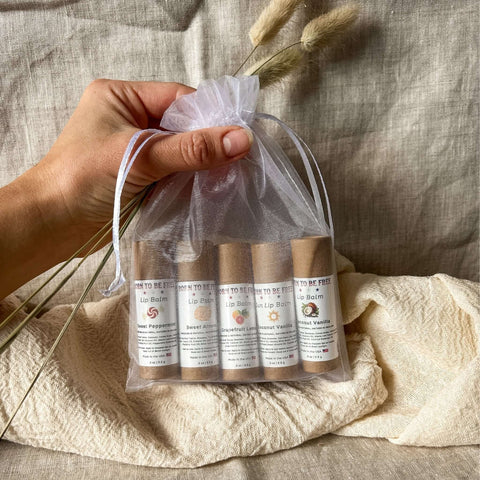 Natural Lip Balm Set – 5-Pack Variety Bundle with Peppermint Almond Vanilla Citrus | Made in USA Organic Skincare Born to be Free  Lip Balm