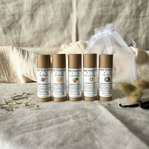 Natural Lip Balm Set – 5-Pack Variety Bundle with Peppermint Almond Vanilla Citrus | Made in USA Organic Skincare Born to be Free  Lip Balm