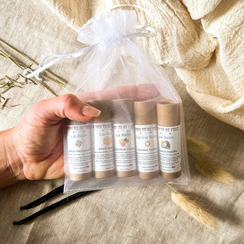 Natural Lip Balm Set – 5-Pack Variety Bundle with Peppermint Almond Vanilla Citrus | Made in USA Organic Skincare Born to be Free  Lip Balm