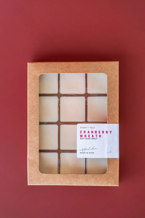 A box of Shanti + Tula Natural Soy Wax Melts – Handcrafted in USA shows cream-colored cubes through a window, set against a vibrant red background; made with safe, natural ingredients for warmers and melters.