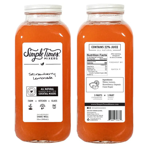 Two clear bottles of Simple Times Mixers Strawberry Lemonade cocktail mixer are shown—one displays the front label, the other shows nutrition facts and ingredients. The all-natural liquid inside is a vibrant orange-red.