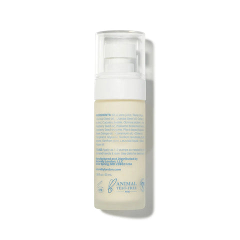 A clear plastic pump bottle with a white cap contains Naturally London Hydrating Cream, 1.69oz. The back label lists ingredients like Quinoa Protein, usage directions, and Animal Test-Free and vegan certification symbols at the bottom.