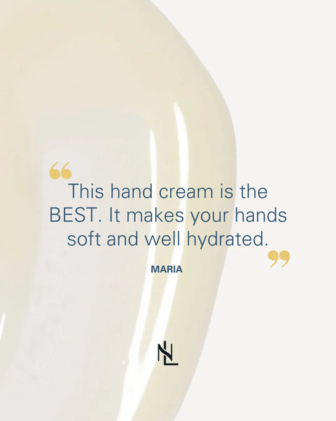 A beige cream smear forms the backdrop for this testimonial: “This Hydrating Cream is the BEST. It makes your hands soft and well hydrated.” — MARIA. Enhanced with Quinoa Protein. Naturally London logo appears at the bottom.