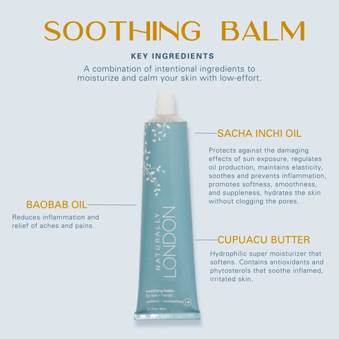 A tube of Naturally London Soothing Balm, 2.7oz, is centered on a light blue background, highlighting restorative key ingredients like sacha inchi oil, baobab oil, and cupuaçu butter.