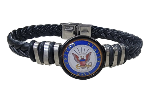 Navy Black Braided Leather Bracelet With Stainless Steel Accents – Adjustable Sizes | Officially Licensed Made in USA Michelle Marie Boutique  Bracelet
