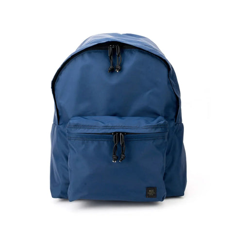 The MIS Daypack - Navy is a water-resistant backpack featuring a front zippered pocket, side pockets, and black zipper pulls, shown upright against a plain white background.
