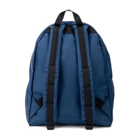 The MIS Daypack - Navy is a water-resistant blue nylon backpack with padded shoulder straps, a black top handle, and a simple, functional design seen from the back.