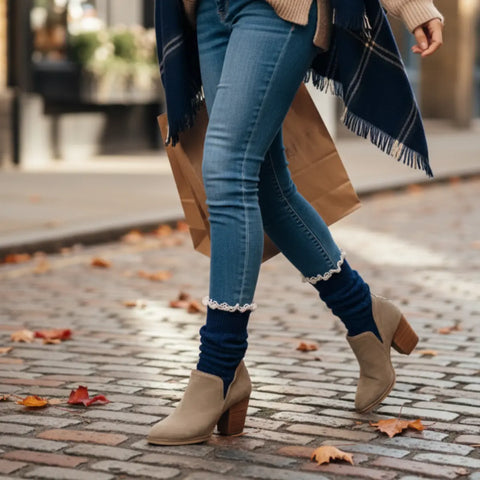 Navy Lace Trim Slouch Socks – Handcrafted Cozy Boot Socks | Made in USA Catherine Cole  lace slouch socks
