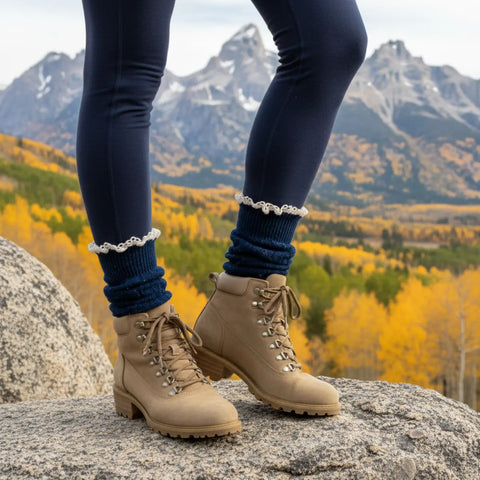 Navy Lace Trim Slouch Socks – Handcrafted Cozy Boot Socks | Made in USA Catherine Cole  lace slouch socks