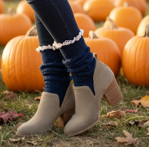 Navy Lace Trim Slouch Socks – Handcrafted Cozy Boot Socks | Made in USA Catherine Cole  lace slouch socks