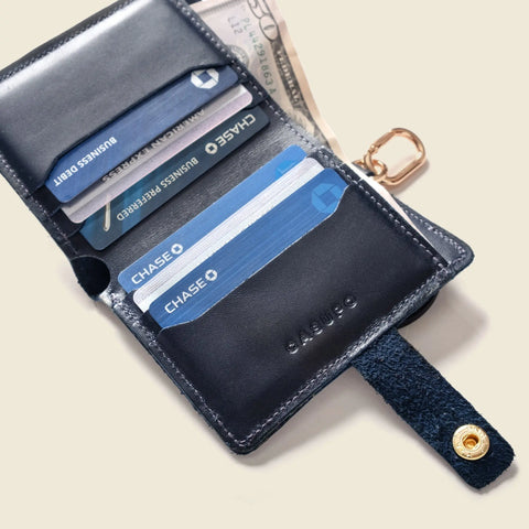 Navy Leather Wallet With Snap Closure 4x3.5 Inch – Handmade in USA CASUPO  Small Bifold