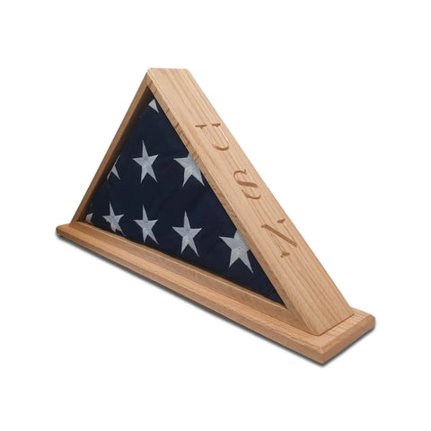 The Legacies of America Woodworking Company Navy Veteran USN Oak Burial Flag Display Case (fits 5 x 9.5 flag) features carved accents, ideal for honoring a Navy Veteran. Proudly made in the USA.