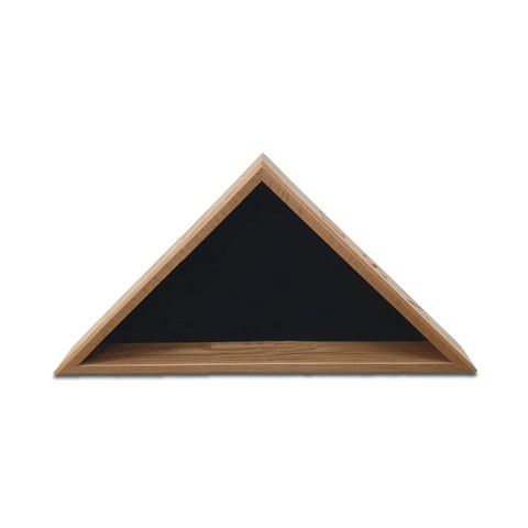 A front-view of the Navy Veteran USN - Oak Burial Flag Display Case (5 x 9.5 flag) by Legacies of America Woodworking Company, featuring a black interior and crafted in the USA against a white background.
