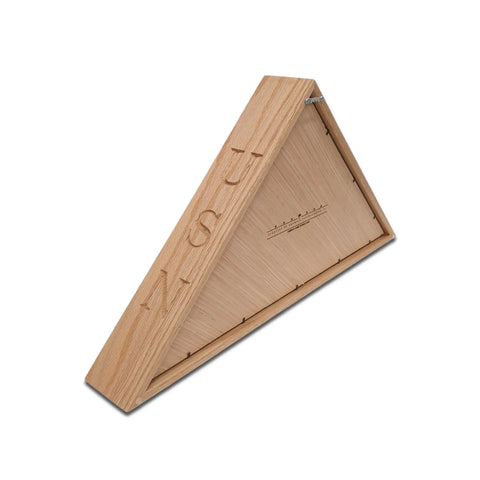 The Navy Veteran USN Oak Burial Flag Display Case by Legacies of America Woodworking Company is a triangular wooden box made in the USA, displaying visible oak grain and resting on a white background.