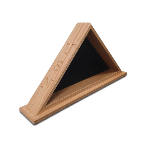 The Legacies of America Woodworking Company Navy Veteran USN Oak Burial Flag Display Case (for 5 x 9.5 flags) features one open triangular side, a dark-lined interior, and sits on a flat base. Made in the USA.
