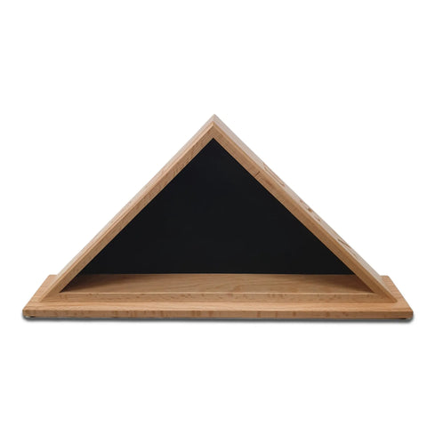 The Legacies of America Woodworking Companys Navy Veteran USN Oak Burial Flag Display Case (for 5 x 9.5 flags) features a black back panel, flat rectangular oak base, and is proudly made in the USA.