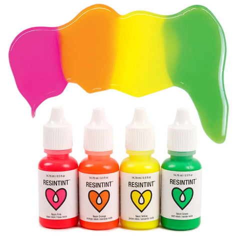 Four bottles of ArtResin ResinTint Neons - 4 Colors (pink, orange, yellow, green) stand in a row, with streaks of neon pigment above—ideal for adding bold, vibrant color to your resin art projects.