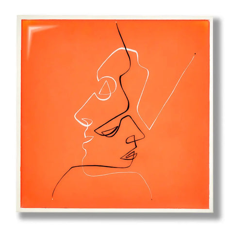 Minimalist line art of two overlapping faces in profile, drawn with continuous black lines on a bright orange background. Created using ArtResin ResinTint Neons – 4 Colors, neon pigments add vibrancy, enhanced by a white border and light shadow.