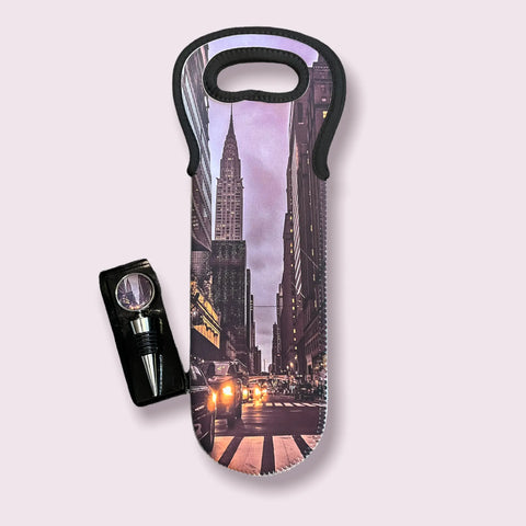 New York City Neoprene Wine Tote with Stopper Set – Insulated Bottle Carrier – American Made | Crafted in USA Michelle Marie Boutique  Wine Carrier Bags