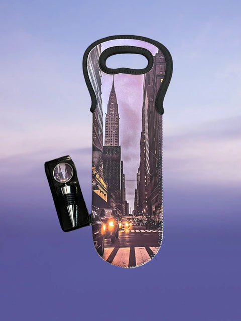New York City Neoprene Wine Tote with Stopper Set – Insulated Bottle Carrier – American Made | Crafted in USA Michelle Marie Boutique  Wine Carrier Bags