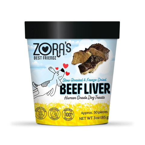 A container of Zoras Best Friendz New! 100% Human Grade Beef Liver Dog Treats, featuring a cartoon dog, hearts, and beef liver pieces on the label. Highlights: Slow-Roasted & Freeze-Dried, Human Grade, Approx. 50 pieces.