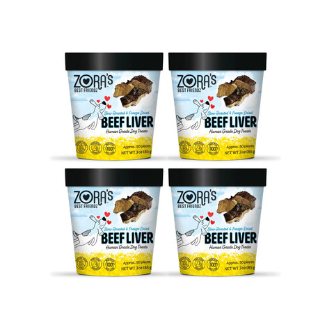 Four containers of Zora’s Best Friendz New! 100% Human Grade Beef Liver Dog Treats are arranged two-by-two on a white background. The packaging features playful dog illustrations and highlights their grain free recipe.