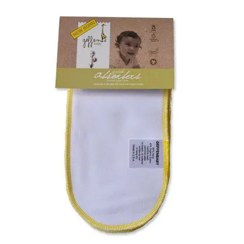 A white oval-shaped burp cloth with yellow trim, labeled as Geffenbaby’s “Newborn Quick Absorbers Diaper Insert,” features a cardboard tag with a baby’s face and highlights its reusable design for newborns.