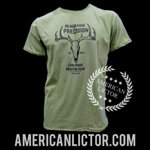 The Collab Tee: Newgrange Logo by American Lictor is a light green, compact ring-spun cotton shirt with a deer skull, antlers, laurel emblem, Newgrange Precision Long Range Shooting Gear, and AMERICANLICTOR.COM. Check our size guide!.
