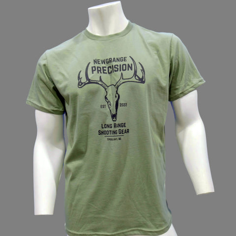 A mannequin wears an olive green American Lictor Collab Tee: Newgrange Logo, featuring a deer skull with antlers and text: Est 2022, Long Range Shooting Gear, Pleasant, MI. Made of compacted ring-spun cotton. Set against a plain gray background.