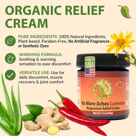 No More Aches Cayenne Magnesium Relief Cream – 4 oz – Taspen’s Organics | Made in USA Taspen's Organics  Soothing Salves, Creams & Oils (2)