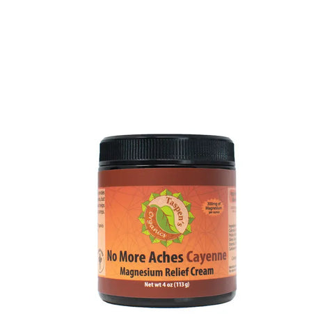 A 4 oz jar of Taspens Organics Magnesium No More Aches CAYENNE Relief Cream with an orange label and green logo, designed for effective muscle pain relief.