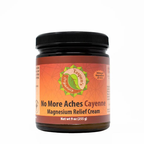 A 9 oz jar of Taspens Organics Magnesium No More Aches CAYENNE Relief Cream with an orange label and black screw-on lid, designed for muscle pain relief.