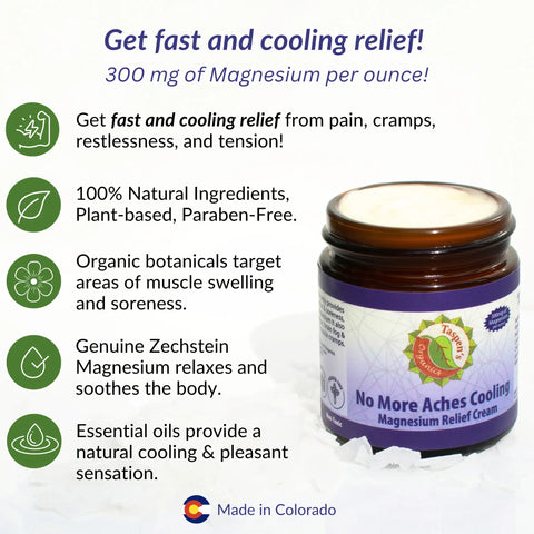 No More Aches Magnesium Cooling Relief Cream – Fast Soothing Muscle Gel | Made in USA Taspen's Organics 