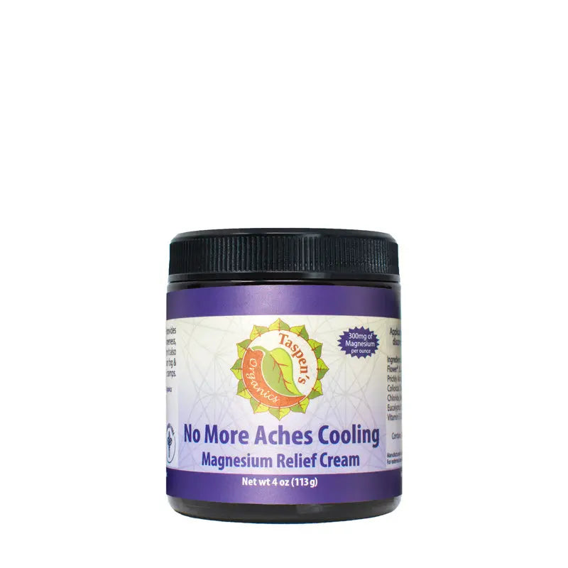 Taspens Organics Magnesium No More Aches Cooling Relief Cream, 4 oz, provides cooling relief for muscle pain. It features a purple and white label with a black lid, displayed against a white background.