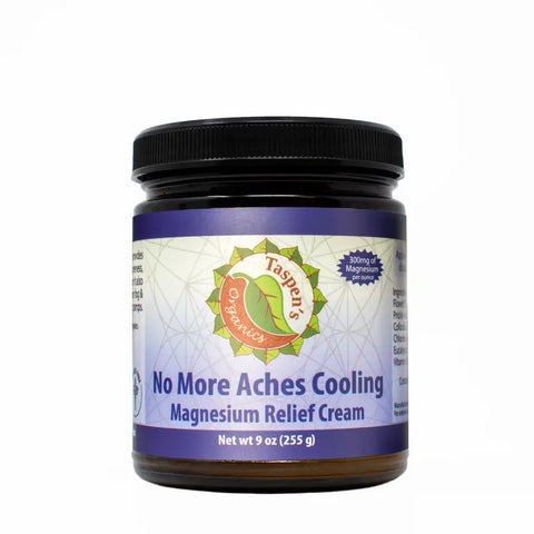 A 9 oz. jar of Taspens Organics Magnesium No More Aches Cooling Relief Cream, featuring a black lid and purple-white label with green leaf logo, delivers 300mg of magnesium for effective cooling muscle pain relief.