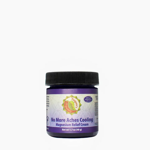 A small purple jar labeled Magnesium No More Aches Cooling Relief Cream by Taspens Organics, with a black lid and vibrant branding, offers muscle pain relief and is set against a plain white background.