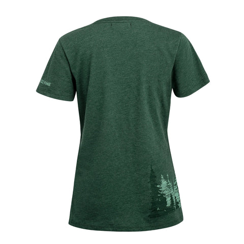 The Noble Fir - Pine by Fireside Pine is a dark green, short-sleeve organic cotton tee, seen from the back with evergreen tree graphics near the lower right hem and a small white logo on the left sleeve.