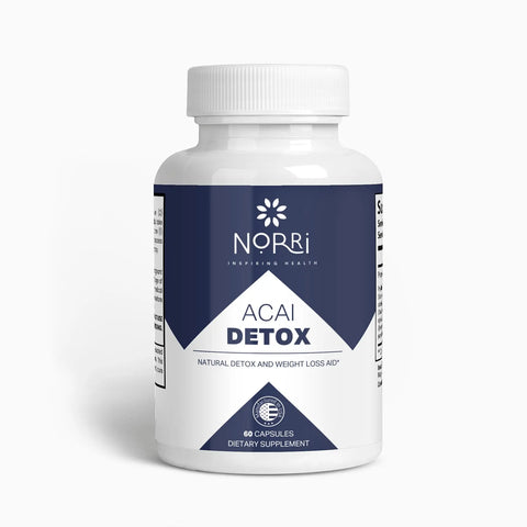 White bottle of Norri Nutrition Acai Detox supplement with a blue label highlighting Natural Detox and Weight Loss Aid. Each bottle contains 60 capsules.