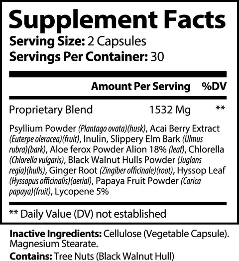 The Supplement Facts for Norri Nutrition Acai Detox list a serving size of 2 capsules (30 servings per container), a 1532 mg proprietary blend with plant extracts, and other ingredients. %DV not established. Ideal as a detox or weight loss supplement.