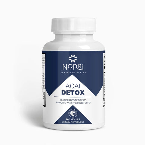 A white bottle labeled Norri Nutrition Acai Detox dietary supplement with 60 capsules. This detox supplement helps reduce appetite and supports weight loss efforts.