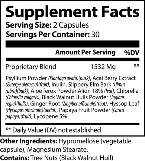Supplement Facts for Norri Nutrition Acai Detox: Serving size is 2 capsules, 30 servings per container. Contains a 1532 mg proprietary blend of plant extracts and other ingredients. Designed for detox and weight loss. Daily value not established.