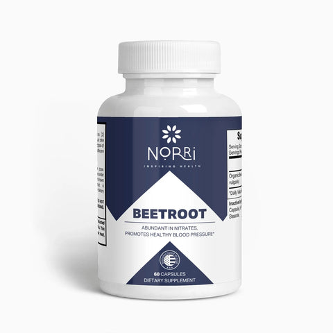 A white bottle of Norri Nutrition Beetroot dietary supplement with a blue and white label, featuring 60 capsules that support nitric oxide for cardiovascular wellness and healthy blood pressure.