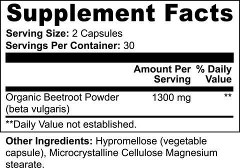Norri Nutrition Beetroot Supplement: Each serving (2 capsules) contains 1300 mg organic beetroot powder. 30 servings per container. Supports nitric oxide and cardiovascular wellness. Other ingredients: hypromellose, microcrystalline cellulose, magnesium stearate.