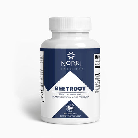 A white bottle of Norri Nutrition Beetroot dietary supplement, featuring a blue and white label, contains 60 capsules. The label notes support for cardiovascular wellness and healthy blood pressure. Supplement facts are partially visible.
