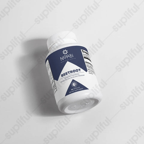 A white Norri Nutrition Beetroot bottle with 60 capsules is shown on a light background. The label highlights natural beetroot extract for cardiovascular wellness and vitamins. suppliful appears repeatedly as a watermark.