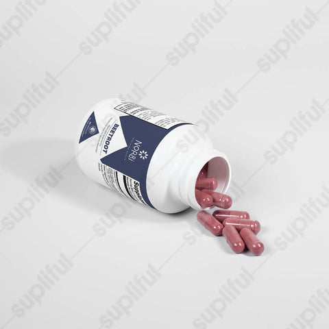 A white bottle labeled Norri Nutrition Beetroot lies on its side with the cap off, spilling several pink beetroot supplement capsules onto a white surface. A faint supliful watermark appears in the background.