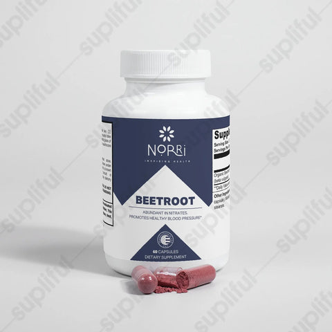 A white bottle labeled Norri Nutrition Beetroot supplement rests on a white surface with two opened purple capsules in front. The label highlights nitrate content, nitric oxide support, and healthy blood pressure benefits.